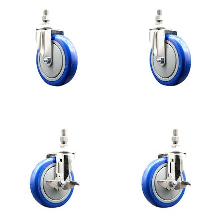 Service Caster 5 Inch 316SS Blue Polyurethane Swivel 10mm Threaded Stem Caster Brake, 2PK SS316TS20S514-PPUB-BLUE-M1015-2-TLB2